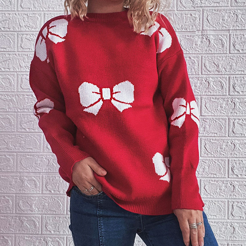 Cute Bow Print Crew Neck Long Sleeve Christmas Red Pullover Sweater