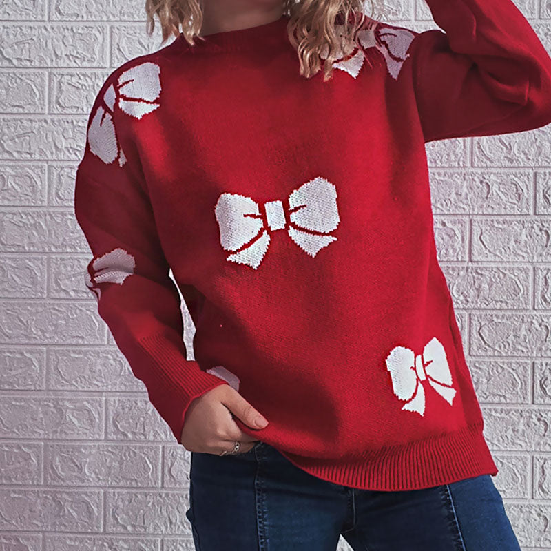 Cute Bow Print Crew Neck Long Sleeve Christmas Red Pullover Sweater