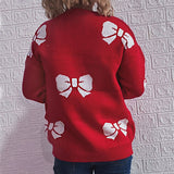 Cute Bow Print Crew Neck Long Sleeve Christmas Red Pullover Sweater