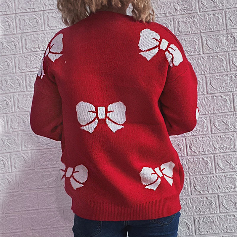 Cute Bow Print Crew Neck Long Sleeve Christmas Red Pullover Sweater