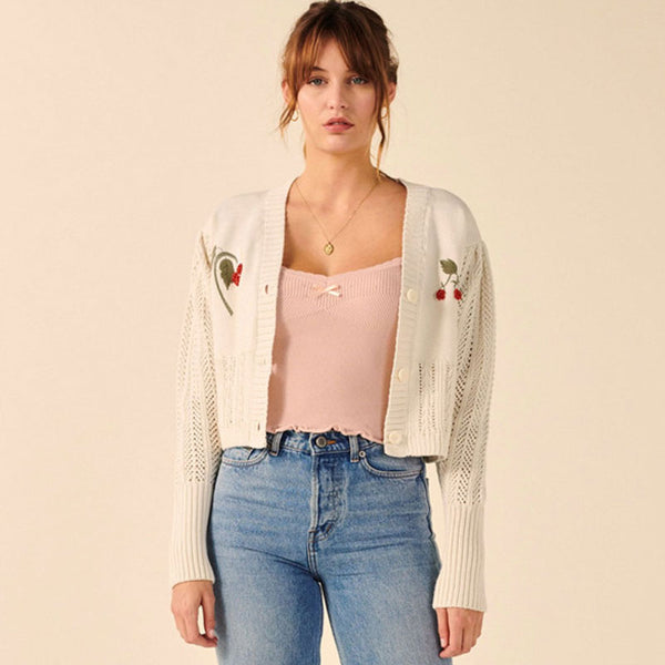 Cute Cherry Beaded Puff Sleeve White Pointelle Knit Button Up Cropped Cardigan