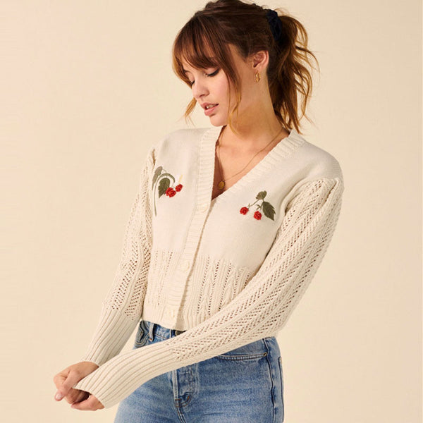 Cute Cherry Beaded Puff Sleeve White Pointelle Knit Button Up Cropped Cardigan