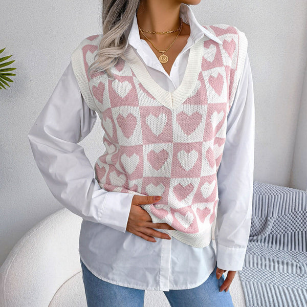 Cute Contrast Checkered Heart Pattern V Neck Pullover Sweater Vest