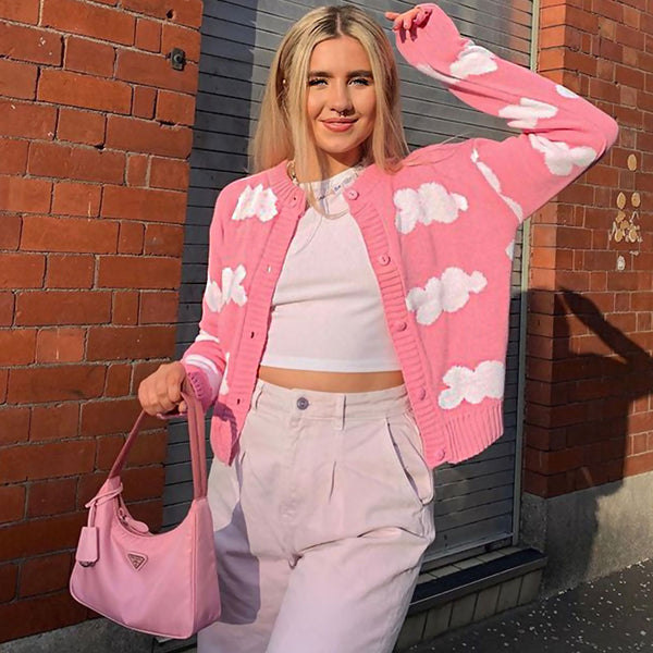 Cute Crew Neck Long Sleeve Pink Contrast Cloud Intarsia Knit Cardigan