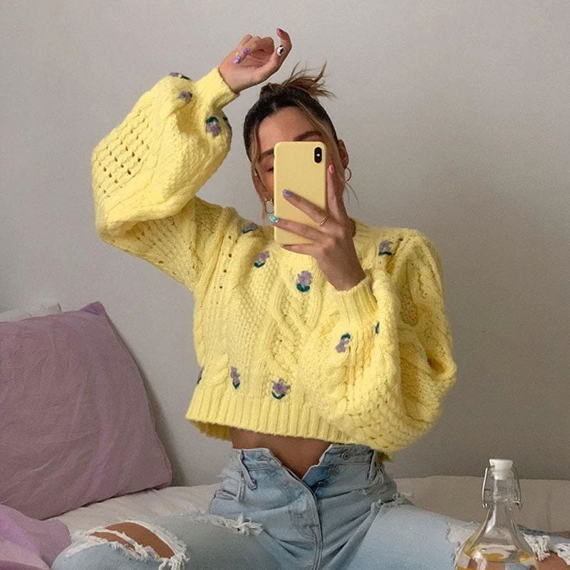 Cute Floral Embroidered Balloon Sleeve Cable Pointelle Yellow Knit Crop Sweater