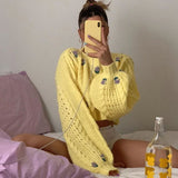 Cute Floral Embroidered Balloon Sleeve Cable Pointelle Yellow Knit Crop Sweater