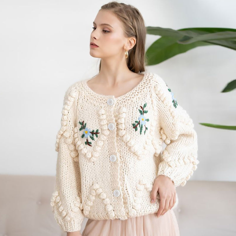 Cute White Floral Embroidered Popcorn Chunky Hand Knit Button Up Cardi Fox Sweaters