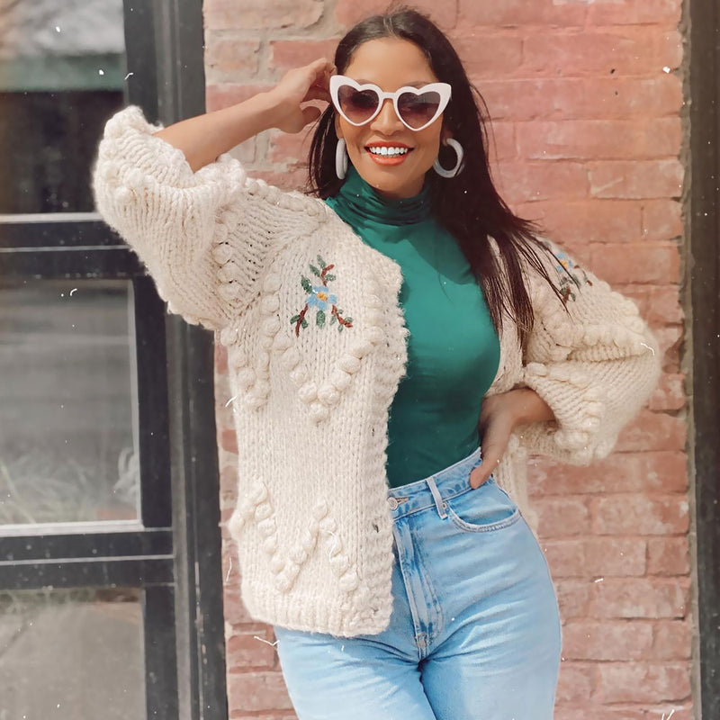 Cute White Floral Embroidered Popcorn Chunky Hand Knit Button Up Cardi Fox Sweaters