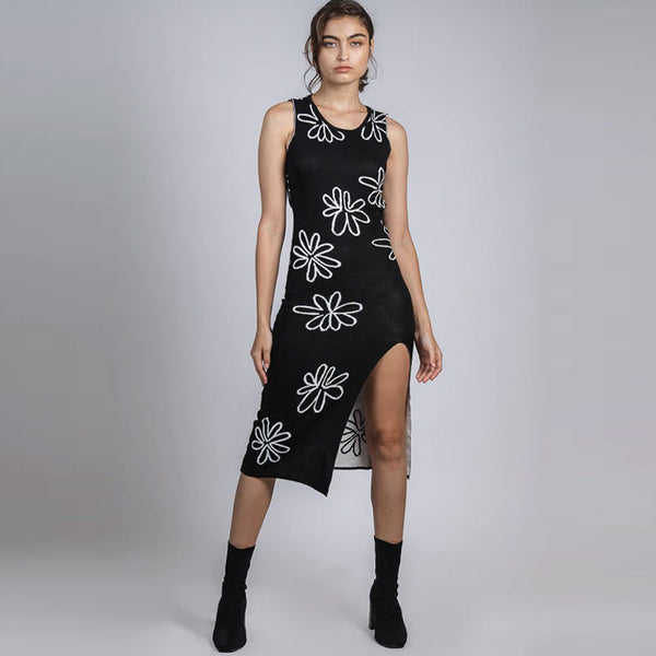 Cute Floral Print Open Back Sleeveless Side Slit Midi Knit Dress