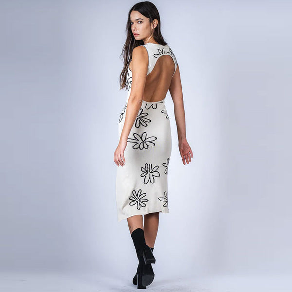 Cute Floral Print Open Back Sleeveless Side Slit Midi Knit Dress