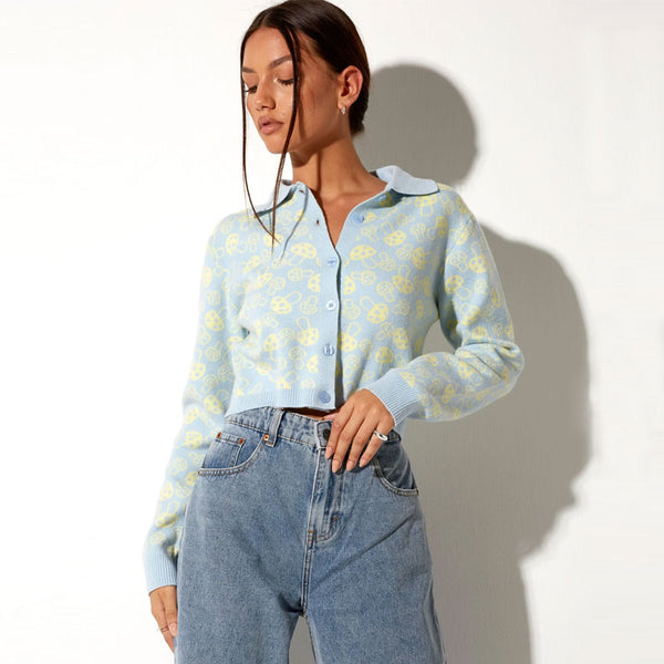 Cute Mushroom Print Collared Long Sleeve Button Up Crop Cardigan