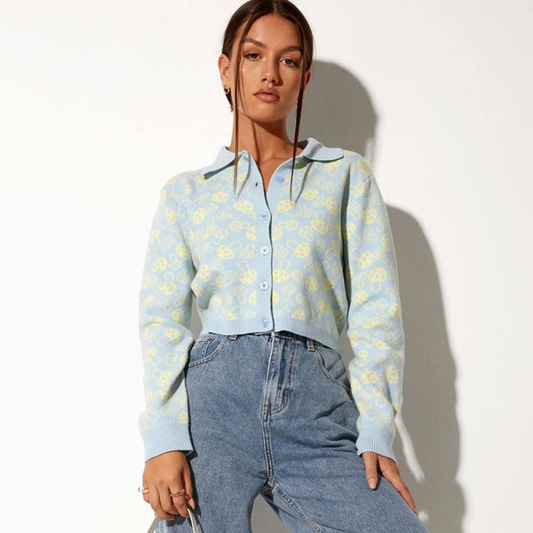 Cute Mushroom Print Collared Long Sleeve Button Up Crop Cardigan