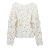 Cute White Rosette Crochet Hand Knit Button Up Wool Blend Crop Cardigan