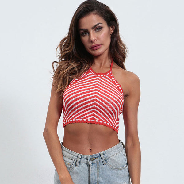 Cute Scalloped Trim Striped Halter Open Back Sleeveless Red Fitted Knit Crop Top