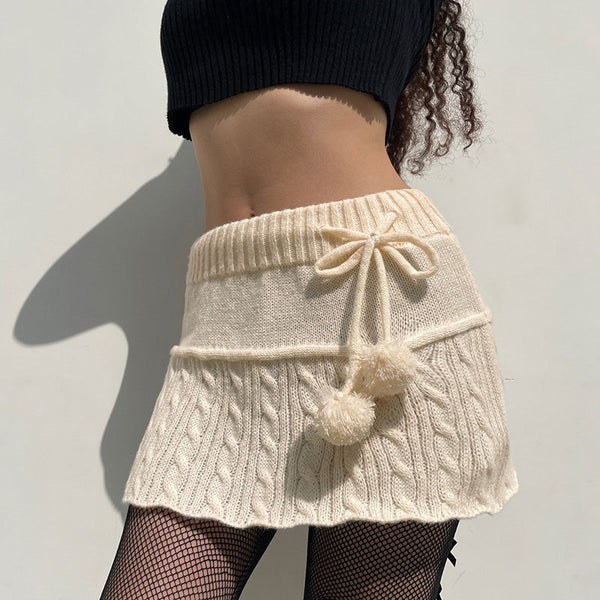 Cute Tie Side Pom Pom Mid Waist Cable Knit Mini Skirt