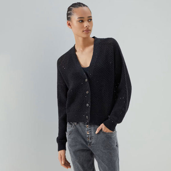 Dazzling Sequin V Neck Button Up Mesh Net Black Cashmere Blend Cardigan