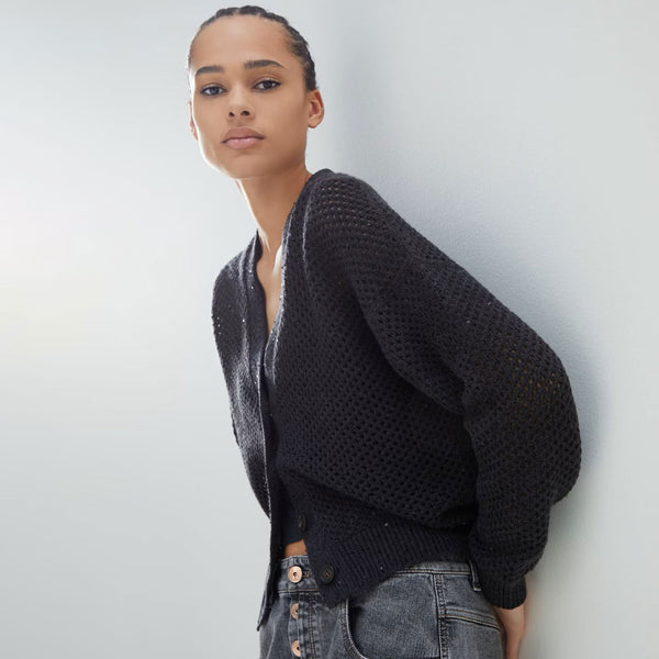 Dazzling Sequin V Neck Button Up Mesh Net Black Cashmere Blend Cardigan