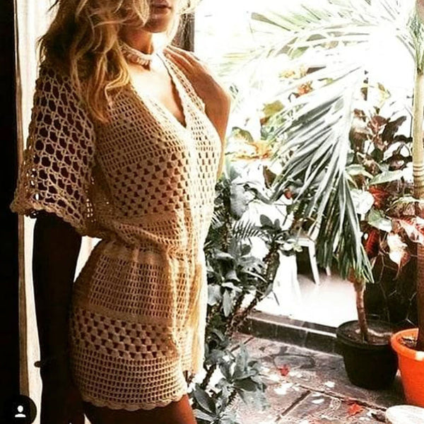 Delicate V Neck Short Sleeve Backless White Crochet Open Knit Cover Up Romper