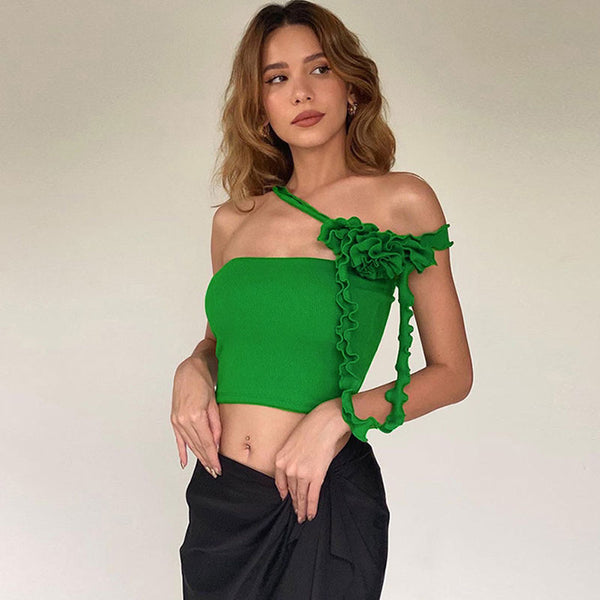 Detachable Corsage Lettuce Detail Halter Rib Knit Fitted Crop Tube Top