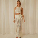 Distressed Ladder Knit Tank Top And High Slit Maxi Skirt Matching Set