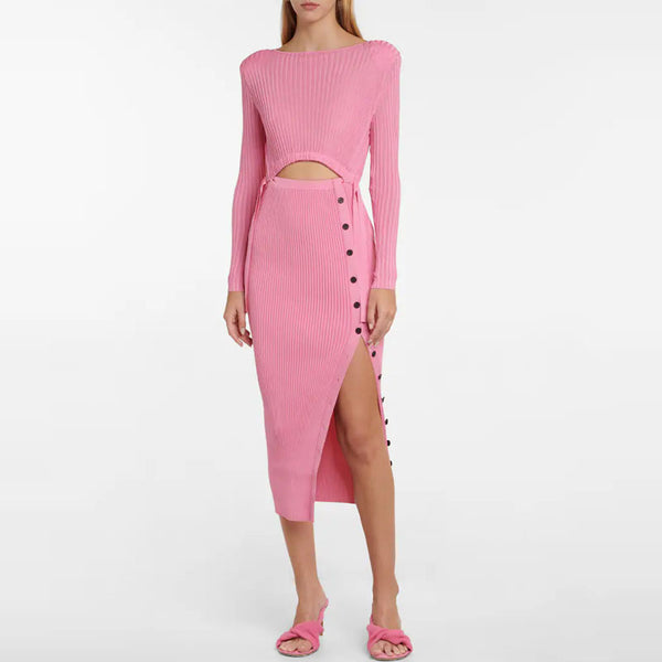Elegant Pink Button Detail Drawstring Cut Out Boat Neck Rib Knit Fitted Midi Dress