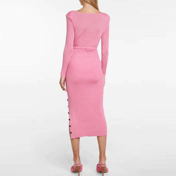 Elegant Pink Button Detail Drawstring Cut Out Boat Neck Rib Knit Fitted Midi Dress