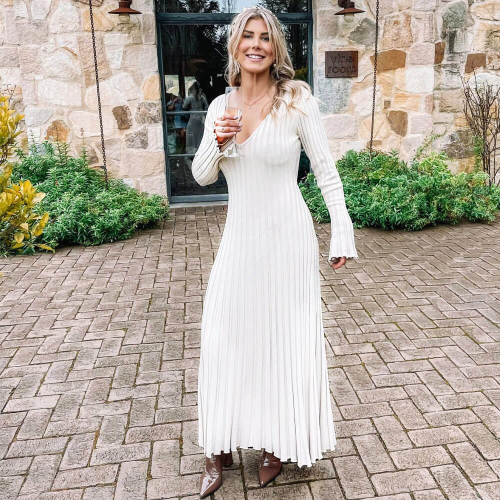 Elegant Flare Sleeve Lettuce Trim Ribbed Knit Sweater Maxi Dress – Fox ...
