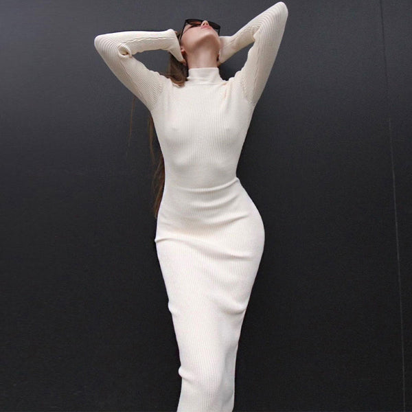 Elegant High Neck Long Sleeve Bodycon Rib Knit White Midi Sweater Dress