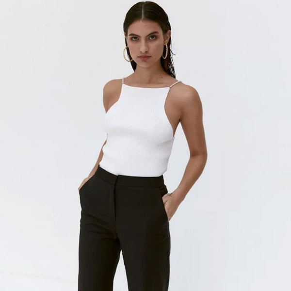 Elegant Pearl Strap Sleeveless Square Neck Fitted Rib Knit Crop Top