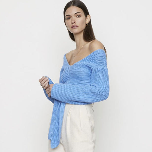 Elegant Blue Plunging Neck Open Back Long Sleeve Self Tie Brioche Knit Sweater