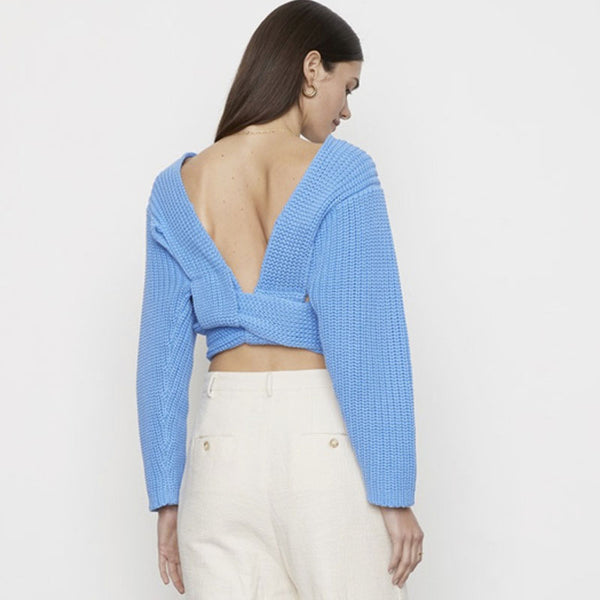 Elegant Blue Plunging Neck Open Back Long Sleeve Self Tie Brioche Knit Sweater