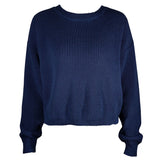 Elegant Navy Blue V Back Crew Neck Long Sleeve Pullover Knit Sweater