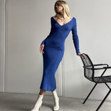 Elegant V Neck Long Sleeve Bodycon Ribbed Knit Sweater Midi Dress