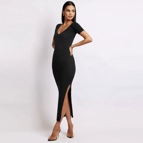 Elegant V Neck Side Slit Short Sleeve Rib Knit Bodycon Midi Dress
