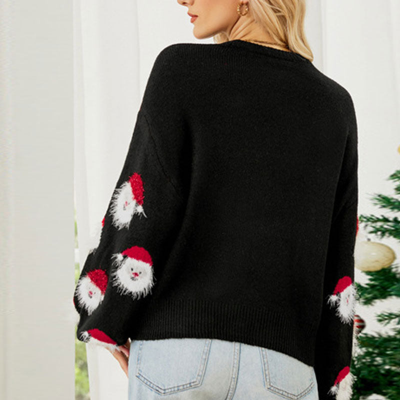 Eyelash Santa Claus Crew Neck Bishop Sleeve Christmas Sweater