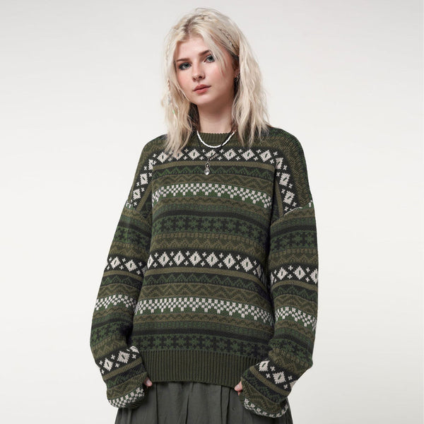 Fair Isle Crew Neck Long Sleeve Geometric Jacquard Knit Sweater
