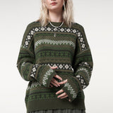Fair Isle Crew Neck Long Sleeve Geometric Jacquard Knit Sweater