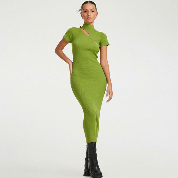 Feminine Lime Green Cut Out Front High Neck Short Sleeve Rib Knit Midi Dress