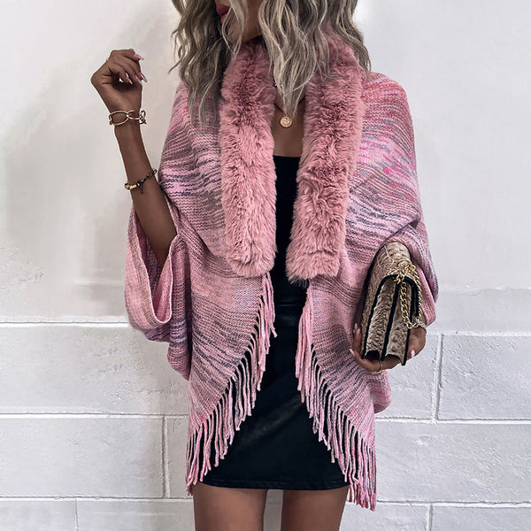 Feminine Pink Faux Fur Trim Tassel Detail Space Dye Knit Cocoon Cardigan