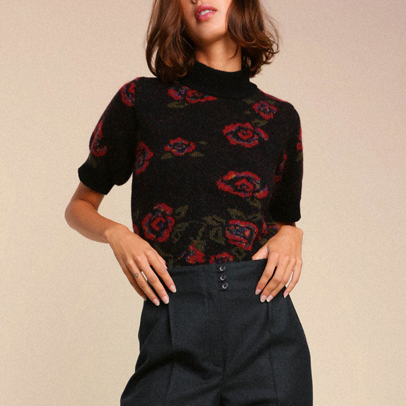 Feminine Floral Jacquard Knit High Neck Short Sleeve Black Cropped Sweater