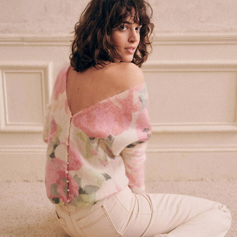 Feminine Floral Print Faux Pearl Button Up V Neck Mohair Pink Cardigan