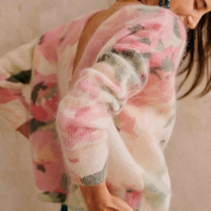 Feminine Floral Print Faux Pearl Button Up V Neck Mohair Pink Cardigan