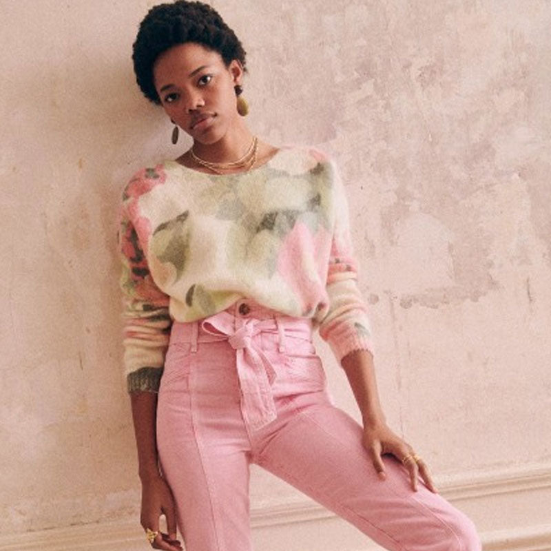 Feminine Floral Print Faux Pearl Button Up V Neck Mohair Pink Cardigan