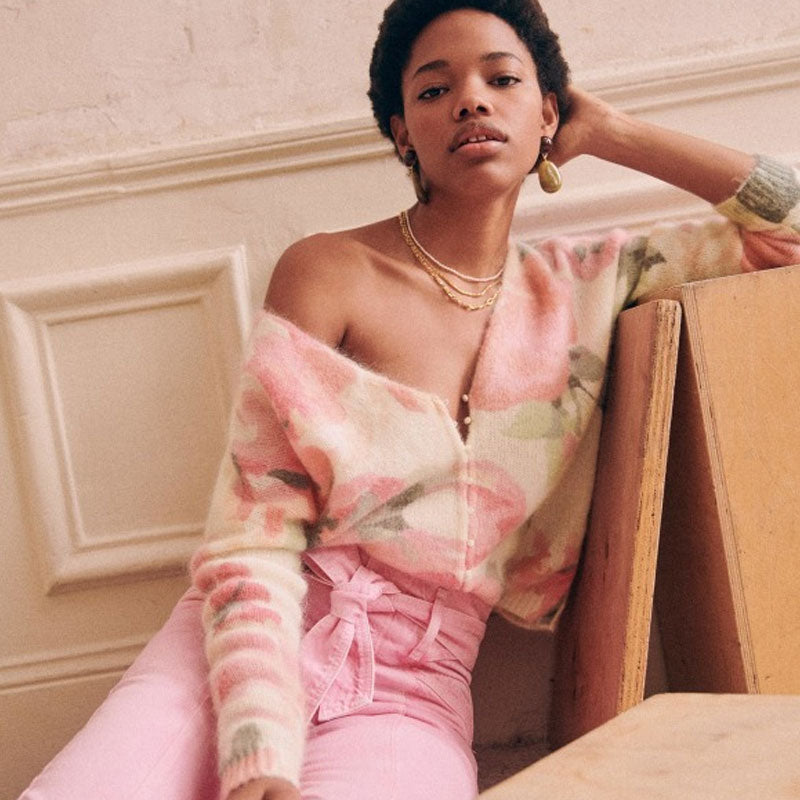 Feminine Floral Print Faux Pearl Button Up V Neck Mohair Pink Cardigan