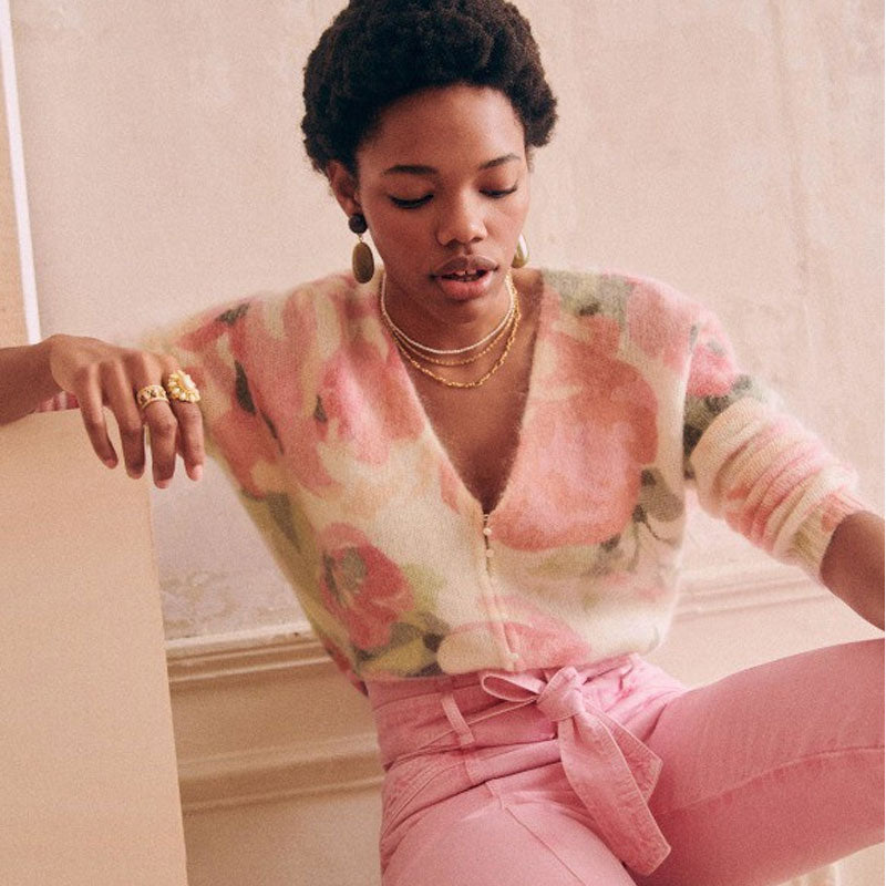 Feminine Floral Print Faux Pearl Button Up V Neck Mohair Pink Cardigan