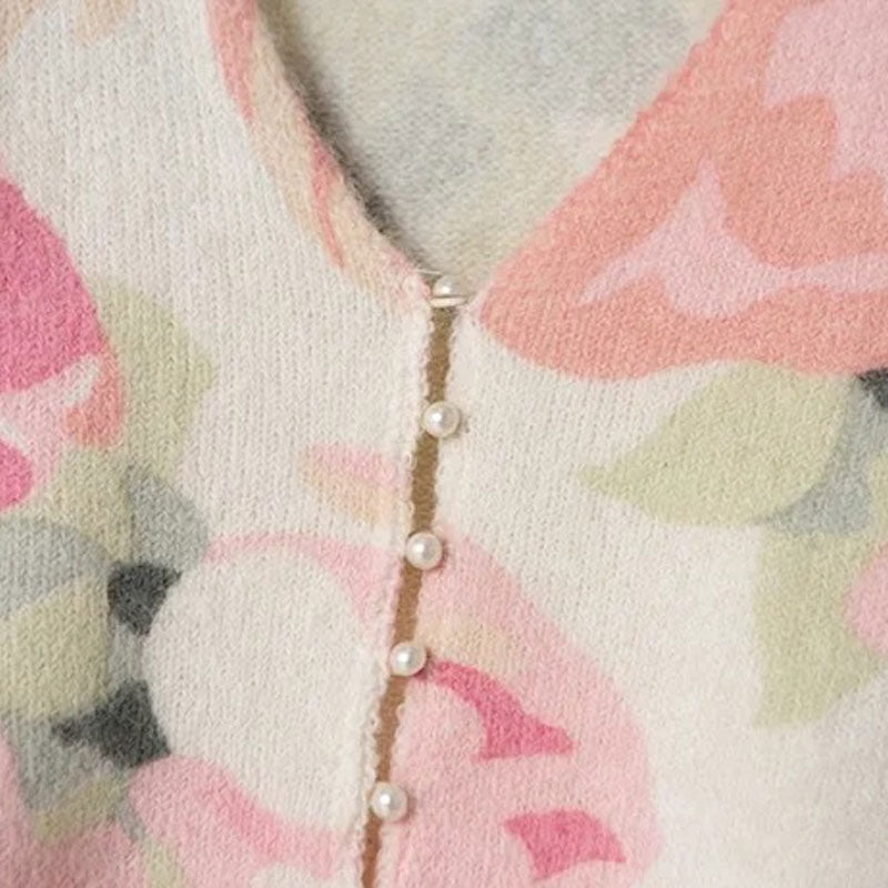 Feminine Floral Print Faux Pearl Button Up V Neck Mohair Pink Cardigan