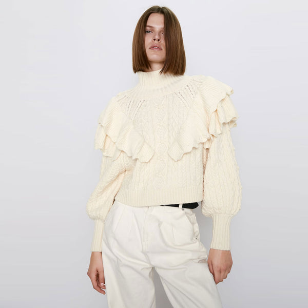 Feminine Beige Ruffle Puff Sleeve High Neck Fisherman Cable Knit Sweater