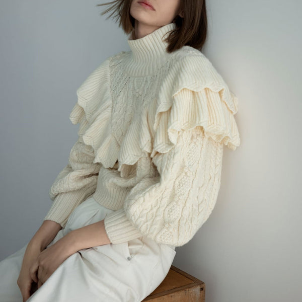 Feminine Beige Ruffle Puff Sleeve High Neck Fisherman Cable Knit Sweater