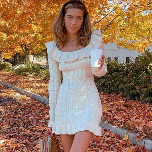 Feminine Ruffled Scooped Neck Long Sleeve Cable Knit Beige Mini Sweater Dress