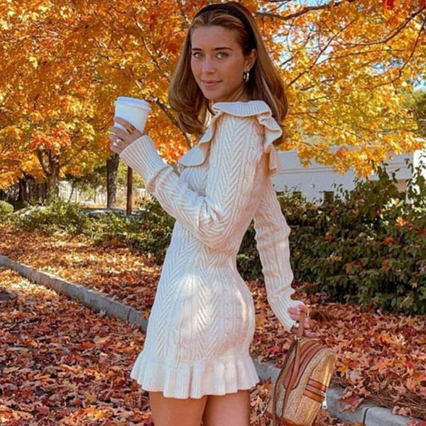 Feminine Ruffled Scooped Neck Long Sleeve Cable Knit Beige Mini Sweater Dress